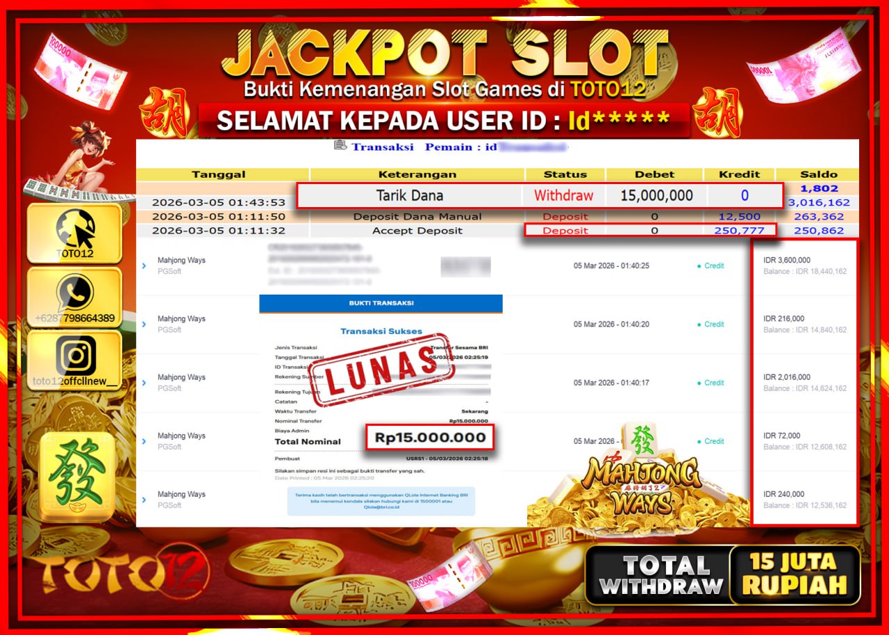 HANYA DI TOTO12 JP PASTI DI BAYAR LUNAS DAN CEPAT!!!!!! JACKPOT SLOT GAME (MAHJONG WAYS) Rp.15.000.000!!!!
