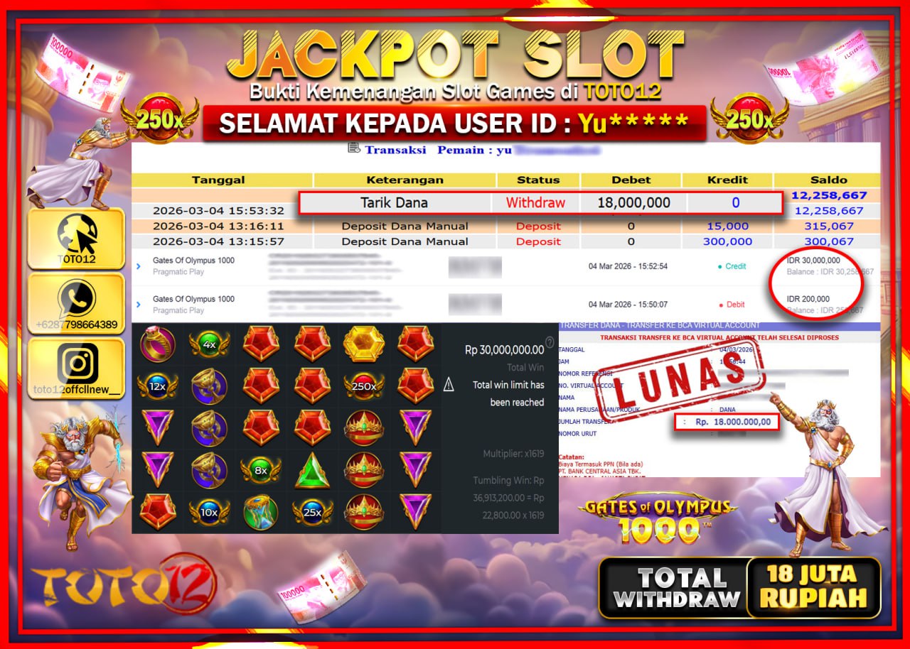 HANYA DI TOTO12 JP PASTI DI BAYAR LUNAS DAN CEPAT!!!!!! JACKPOT SLOT GAME (GATES OF OLYMPUS 1000) Rp.18.000.000!!!!