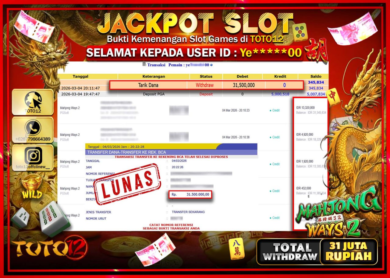 HANYA DI TOTO12 JP PASTI DI BAYAR LUNAS DAN CEPAT!!!!!! JACKPOT SLOT GAME (MAHJONG WAYS 2) Rp.31.500.000!!!!