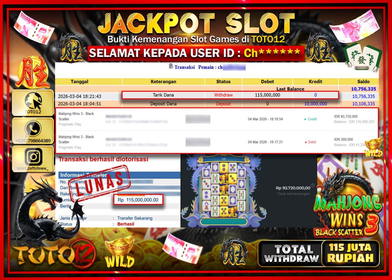 HANYA DI TOTO12 JP PASTI DI BAYAR LUNAS DAN CEPAT!!!!!! JACKPOT SLOT GAME (MAHJONG WINS BLACK SCATTER 3) Rp.115.000.000!!!!