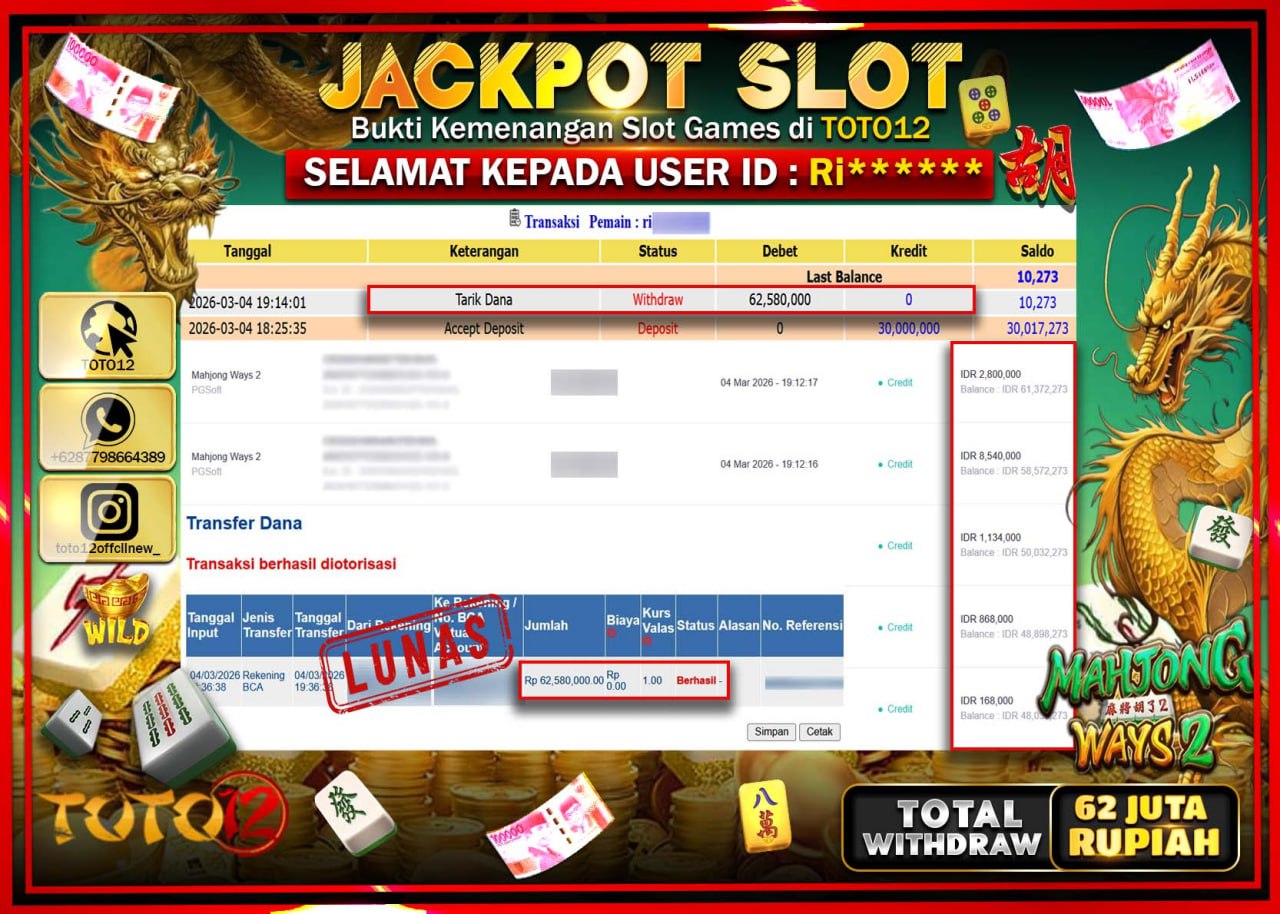 HANYA DI TOTO12 JP PASTI DI BAYAR LUNAS DAN CEPAT!!!!!! JACKPOT SLOT GAME (MAHJONG WAYS 2) Rp.62.580.000!!!!