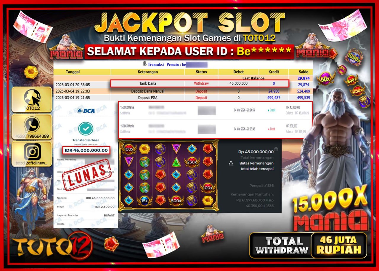HANYA DI TOTO12 JP PASTI DI BAYAR LUNAS DAN CEPAT!!!!!! JACKPOT SLOT GAME (15.000X MANIA) Rp.46.000.000!!!!