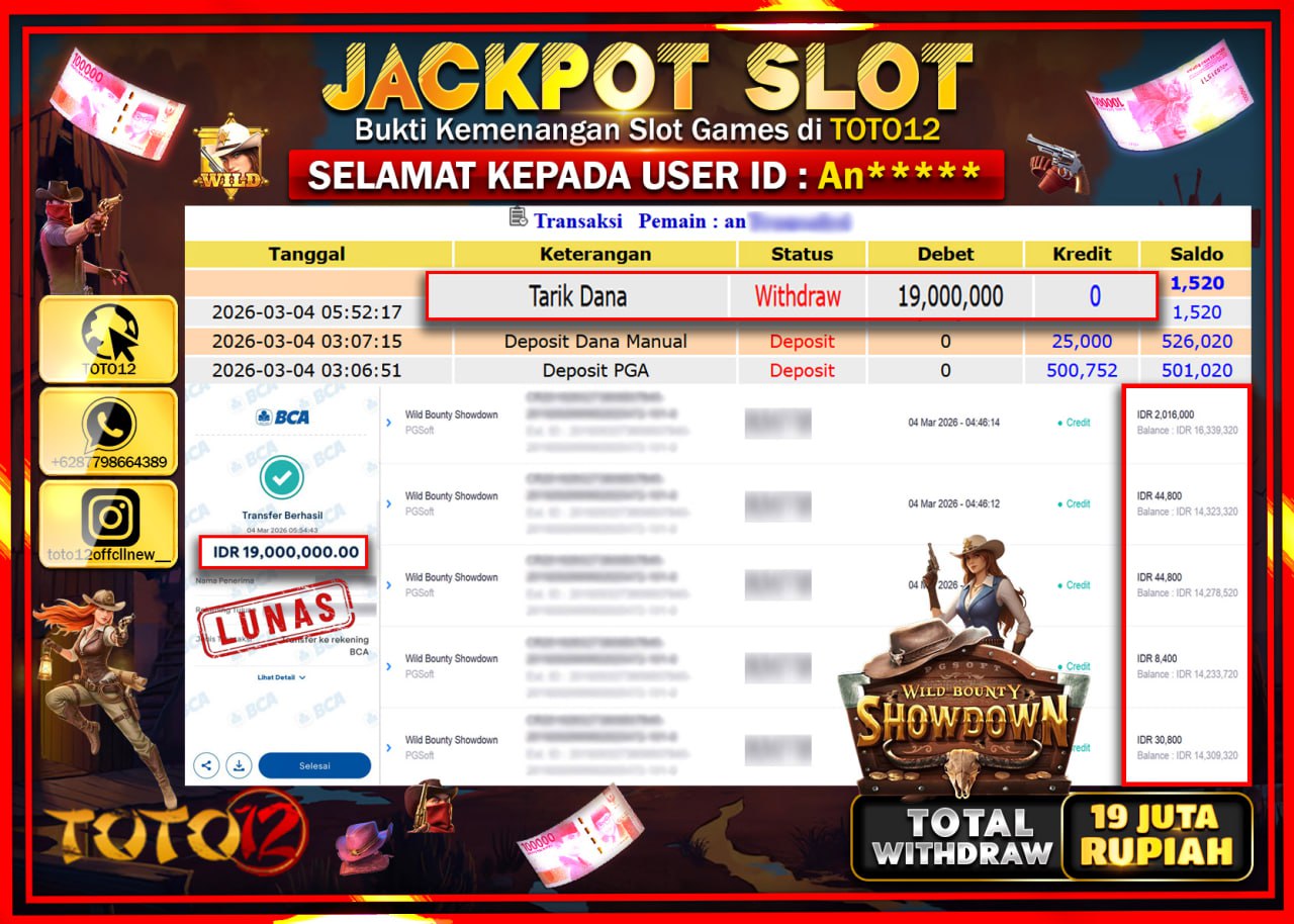 HANYA DI TOTO12 JP PASTI DI BAYAR LUNAS DAN CEPAT!!!!!! JACKPOT SLOT GAME (WILD BOUNTY SHOWDOWN) Rp.19.000.000!!!!