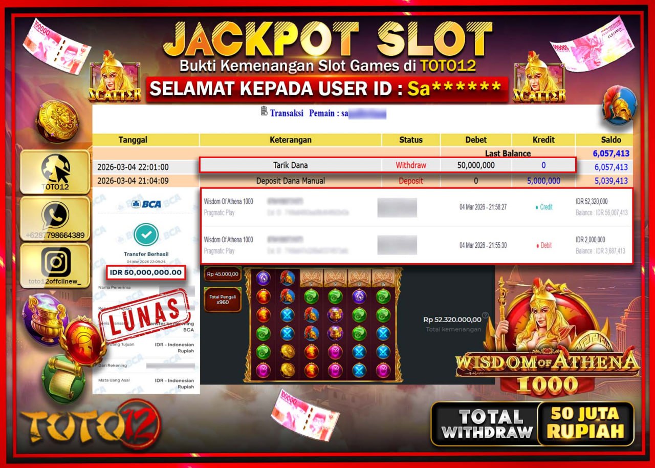 HANYA DI TOTO12 JP PASTI DI BAYAR LUNAS DAN CEPAT!!!!!! JACKPOT SLOT GAME (WISDOM OF ATHENA 1000) Rp.50.000.000!!!!