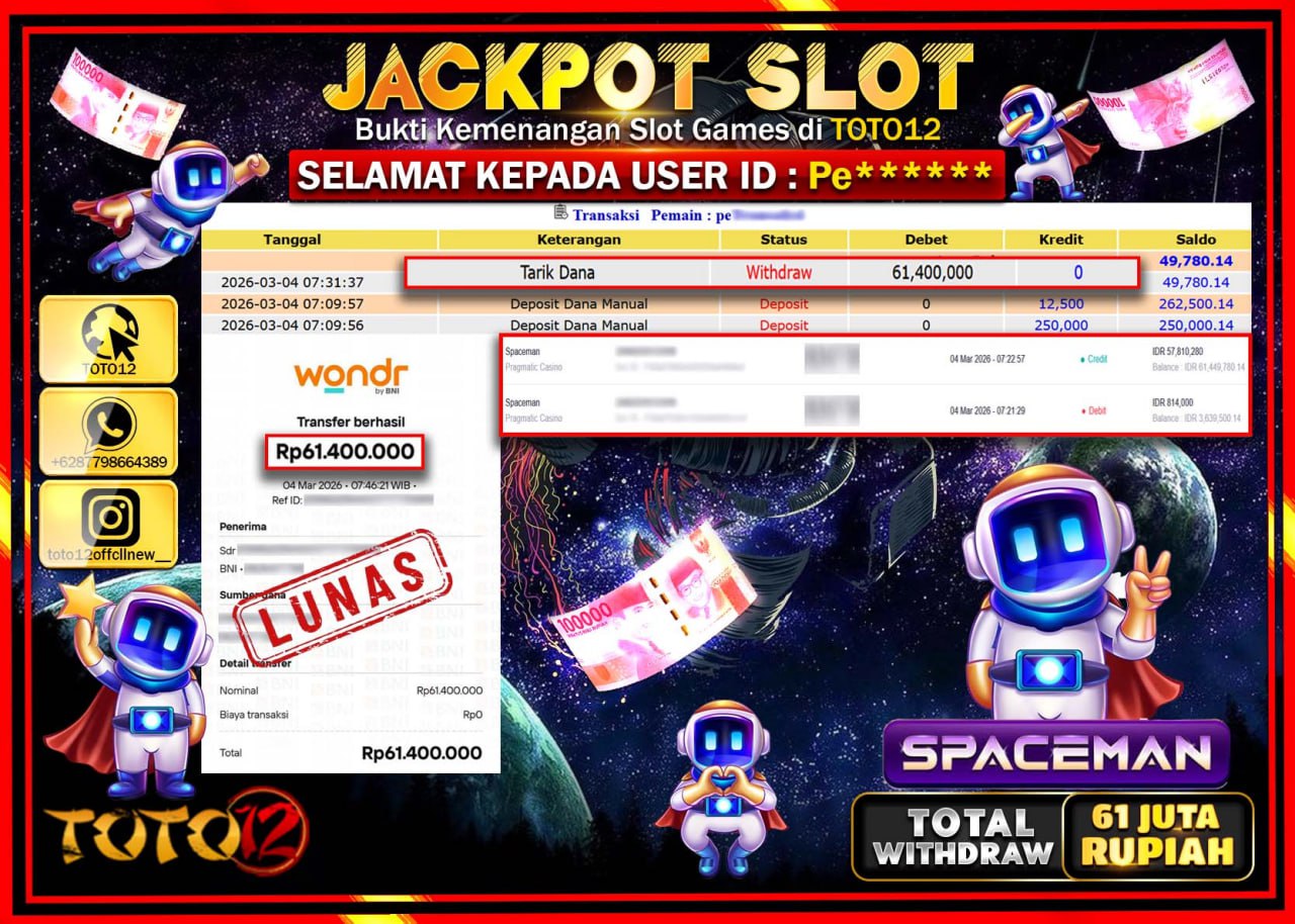 HANYA DI TOTO12 JP PASTI DI BAYAR LUNAS DAN CEPAT!!!!!! JACKPOT SLOT GAME (SPACEMAN) Rp.61.400.000!!!!