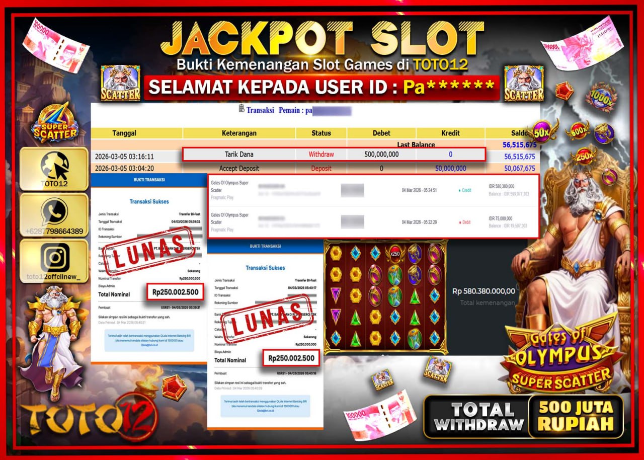 HANYA DI TOTO12 JP PASTI DI BAYAR LUNAS DAN CEPAT!!!!!! JACKPOT SLOT GAME (GATES OF OLYMPUS SUPER SCATTER) Rp.500.000.000!!!!