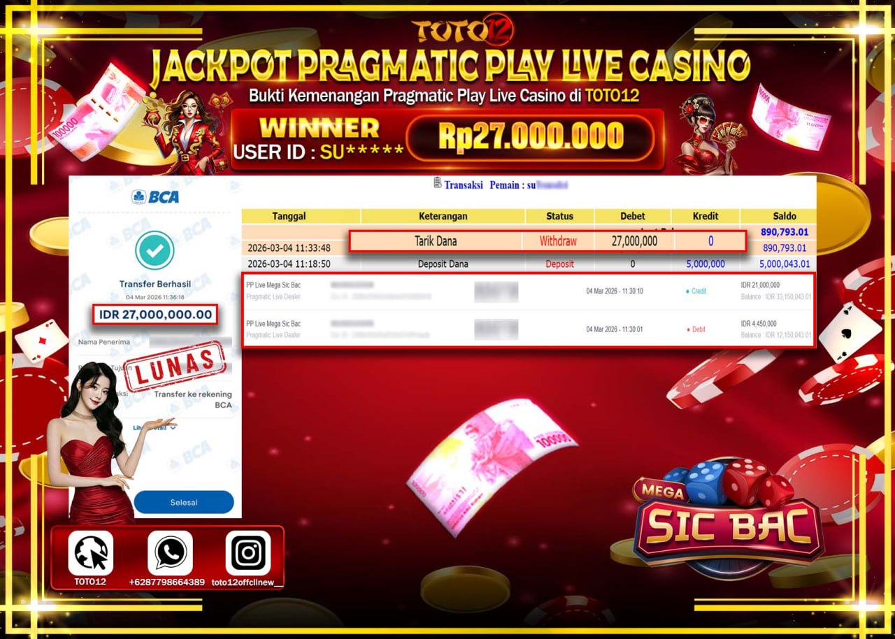 HANYA DI TOTO12 JP PASTI DI BAYAR LUNAS DAN CEPAT!!!!!! JACKPOT PRAGMATIC PLAY LIVE CASINO (PP LIVE MEGA SIC BAC) Rp.27.000.000!!!!