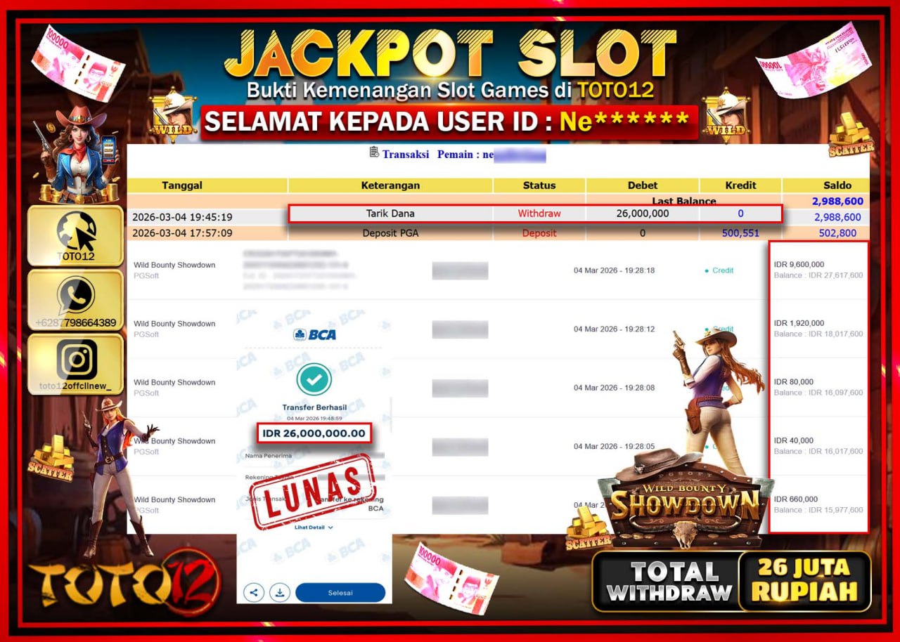 HANYA DI TOTO12 JP PASTI DI BAYAR LUNAS DAN CEPAT!!!!!! JACKPOT SLOT GAME (WILD BOUNTY SHOWDOWN) Rp.26.000.000!!!!