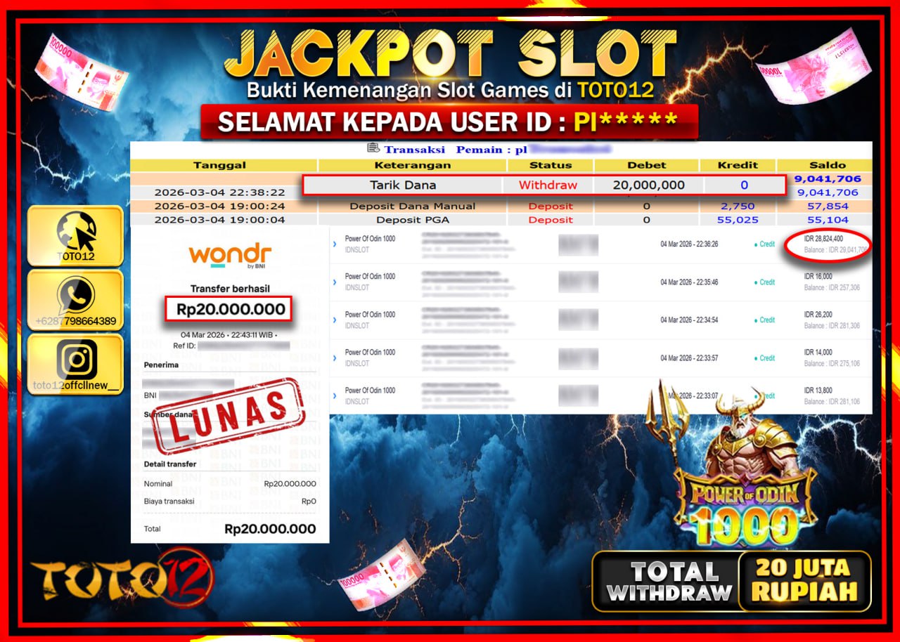 HANYA DI TOTO12 JP PASTI DI BAYAR LUNAS DAN CEPAT!!!!!! JACKPOT SLOT GAME (POWER OF ODIN 1000) Rp.20.000.000!!!!
