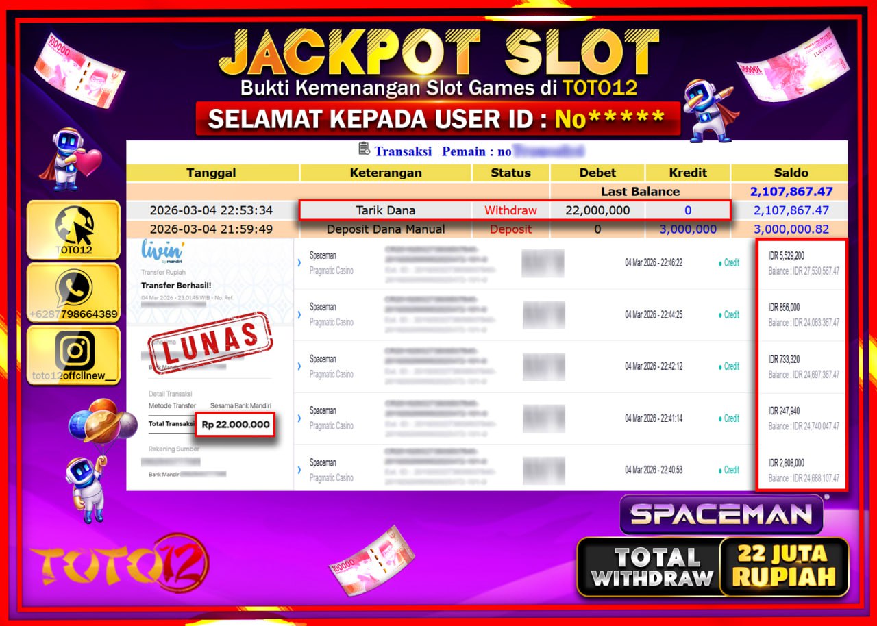 HANYA DI TOTO12 JP PASTI DI BAYAR LUNAS DAN CEPAT!!!!!! JACKPOT SLOT GAME (SPACEMAN) Rp.22.000.000!!!!