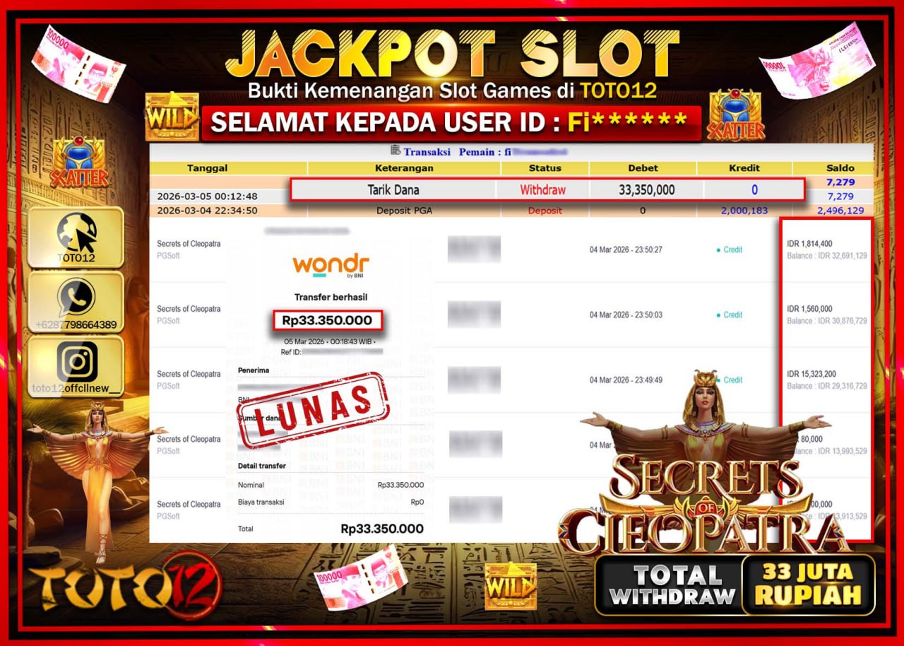HANYA DI TOTO12 JP PASTI DI BAYAR LUNAS DAN CEPAT!!!!!! JACKPOT SLOT GAME (SECRETS OF CLEOPATRA) Rp.33.350.000!!!!