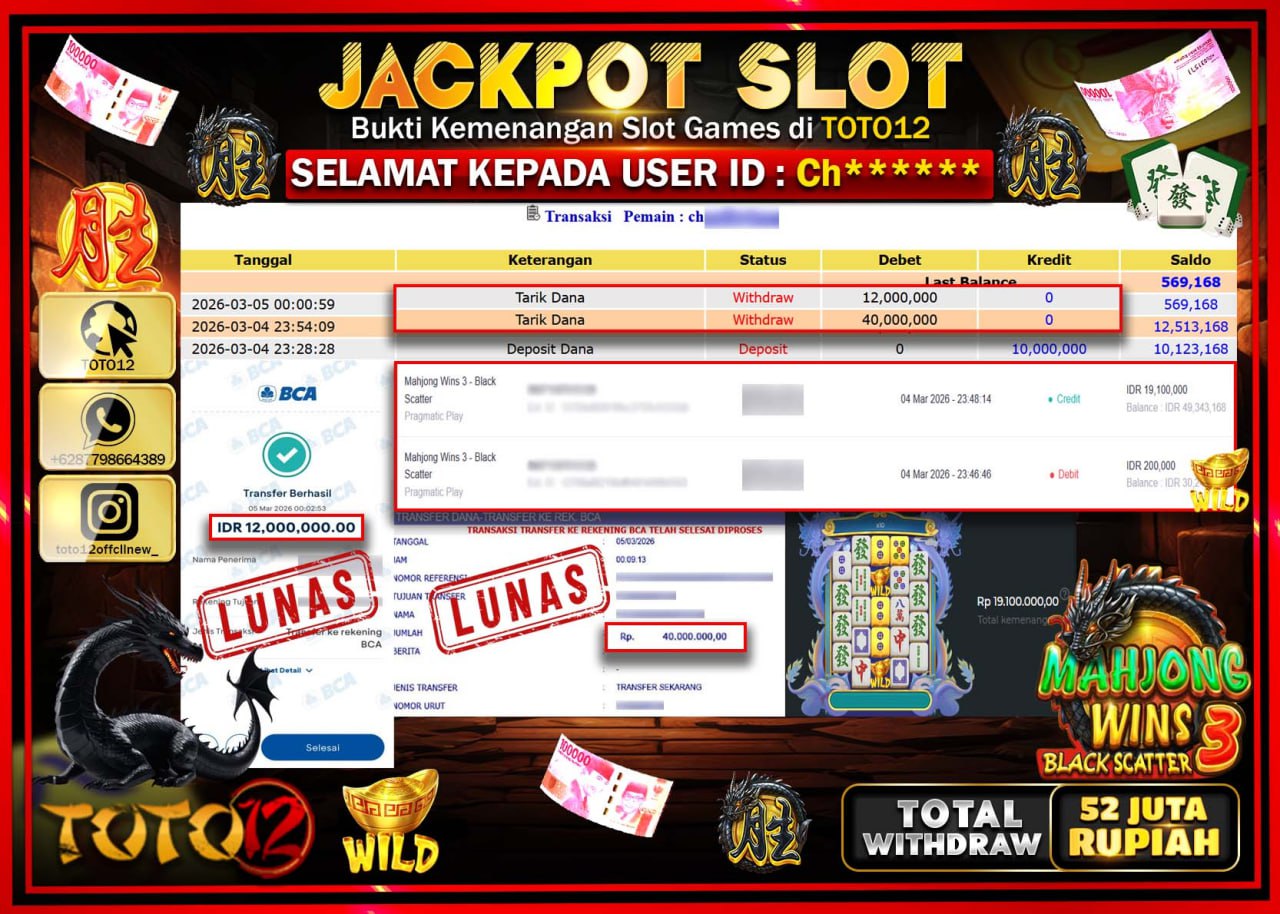 HANYA DI TOTO12 JP PASTI DI BAYAR LUNAS DAN CEPAT!!!!!! JACKPOT SLOT GAME (MAHJONG WINS 3 BLACK SCATTER) Rp.52.000.000!!!!