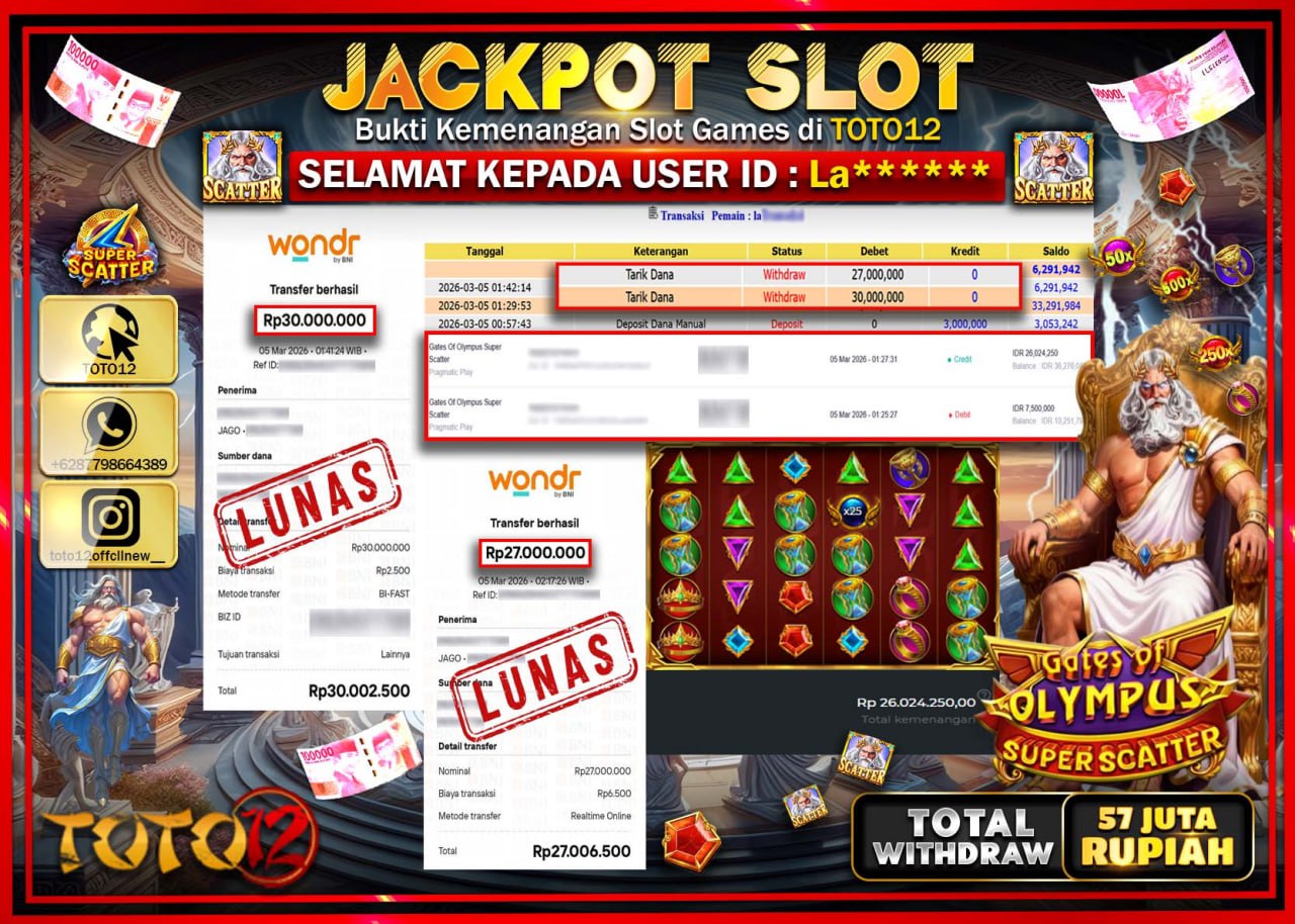 HANYA DI TOTO12 JP PASTI DI BAYAR LUNAS DAN CEPAT!!!!!! JACKPOT SLOT GAME (GATES OF OLYMPUS SUPER SCATTER) Rp.57.000.000!!!!