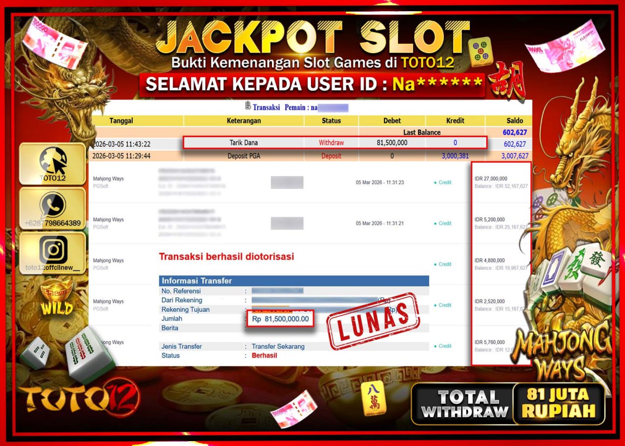 HANYA DI TOTO12 JP PASTI DI BAYAR LUNAS DAN CEPAT!!!!!! JACKPOT SLOT GAME (MAHJONG WAYS) Rp.81.500.000!!!!