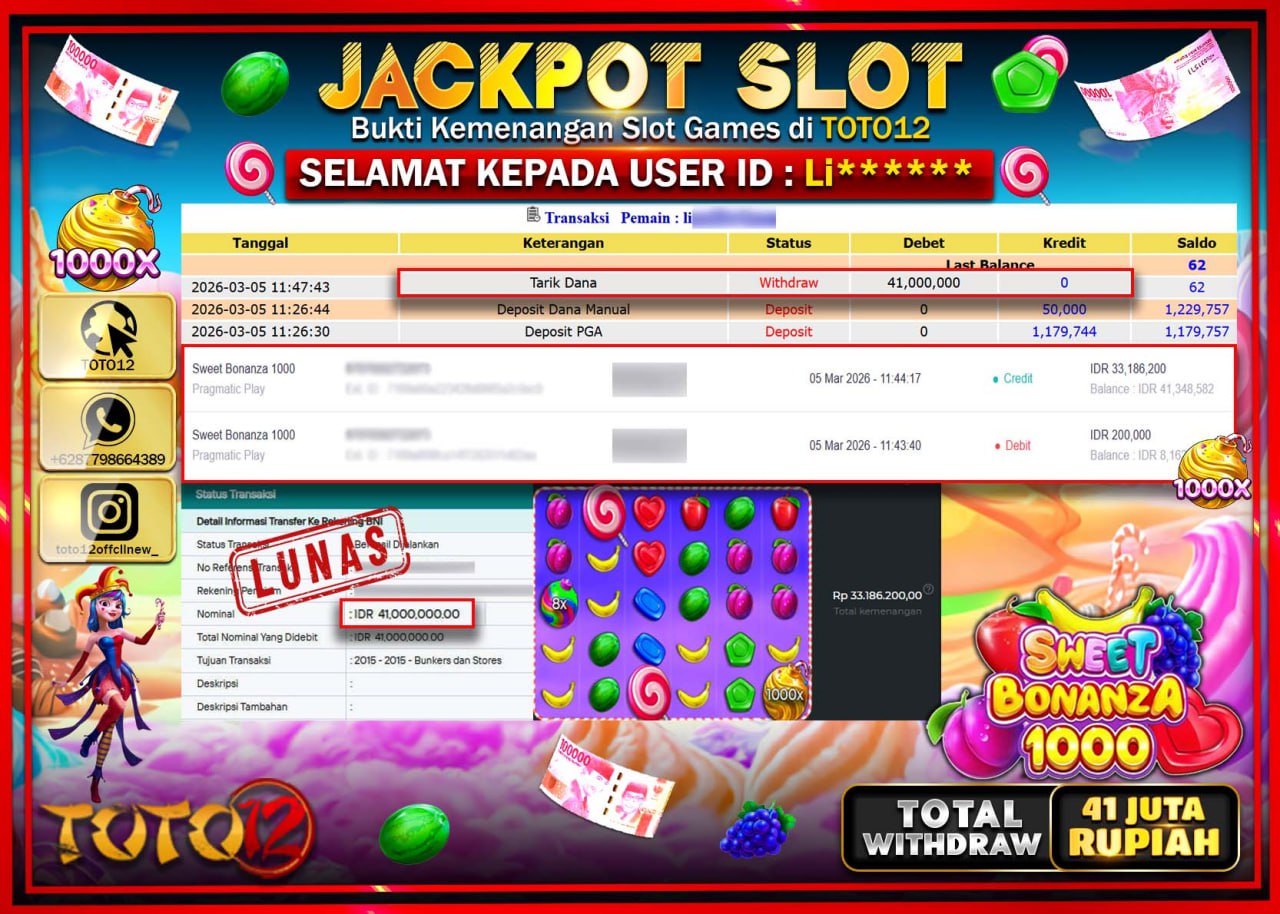 HANYA DI TOTO12 JP PASTI DI BAYAR LUNAS DAN CEPAT!!!!!! JACKPOT SLOT GAME (SWEET BONANZA 1000) Rp.41.000.000!!!!