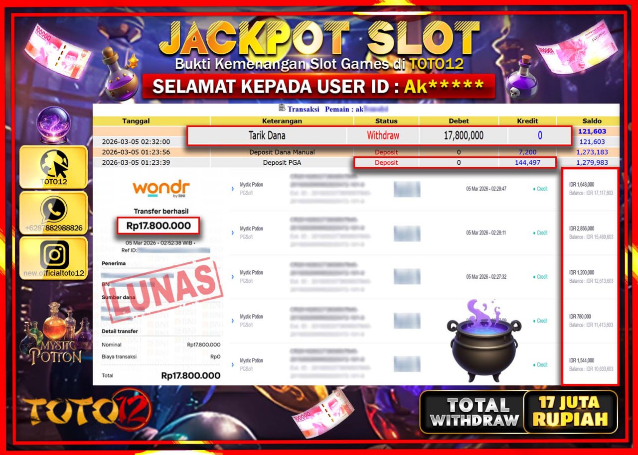 HANYA DI TOTO12 JP PASTI DI BAYAR LUNAS DAN CEPAT!!!!!! JACKPOT SLOT GAME (MYSTICK POTION) Rp.17.800.000!!!!