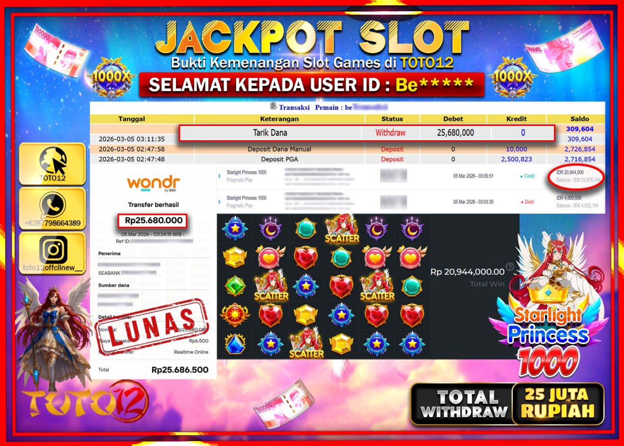 HANYA DI TOTO12 JP PASTI DI BAYAR LUNAS DAN CEPAT!!!!!! JACKPOT SLOT GAME (STARLIGHT PRINCESS 1000) Rp.26.680.000!!!!