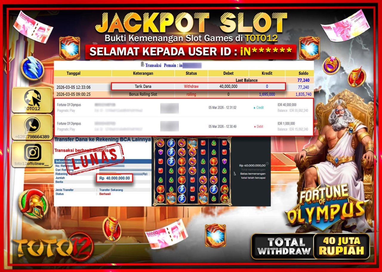 HANYA DI TOTO12 JP PASTI DI BAYAR LUNAS DAN CEPAT!!!!!! JACKPOT SLOT GAME (FOTUNE OF OLYMPUS) Rp.40.000.000!!!!