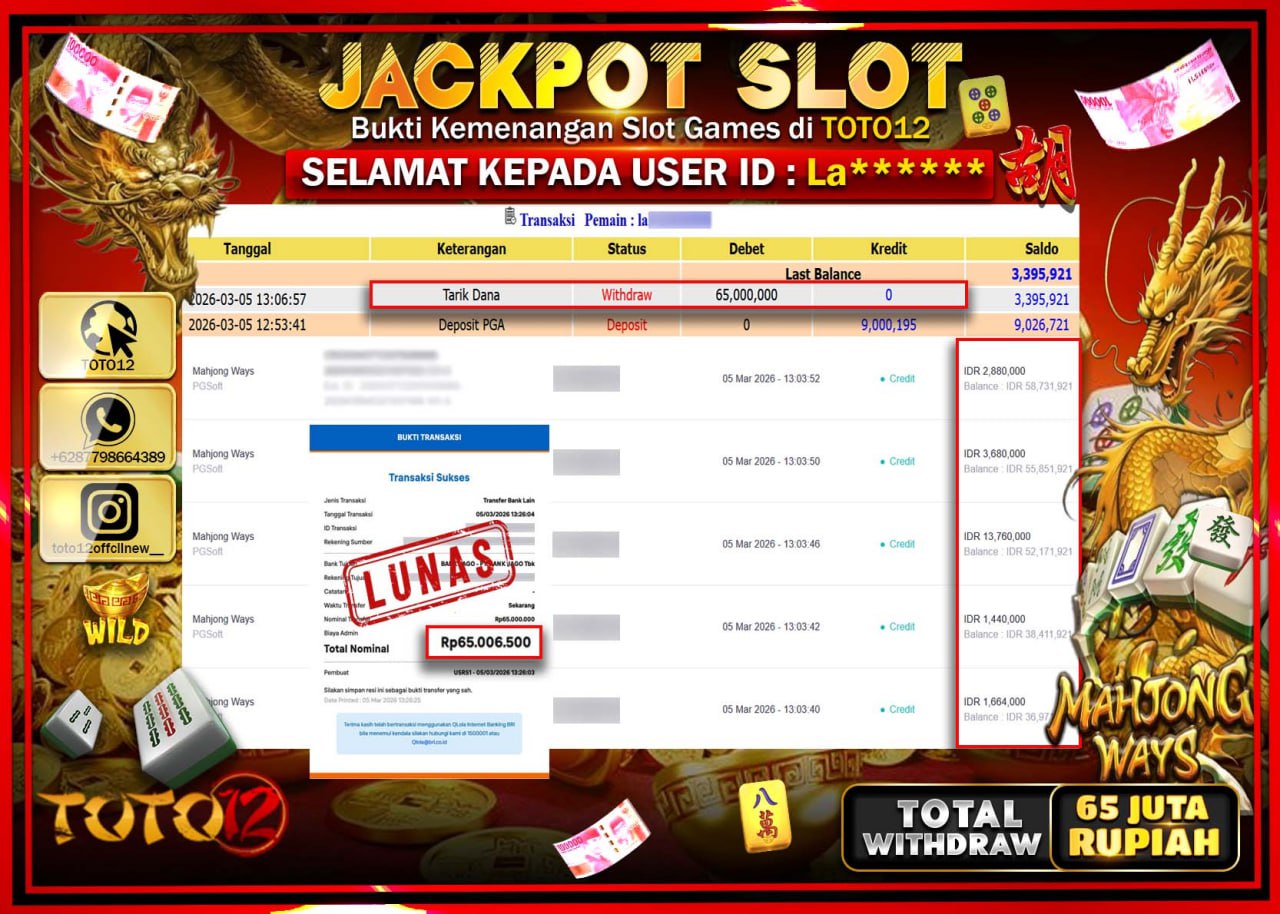 HANYA DI TOTO12 JP PASTI DI BAYAR LUNAS DAN CEPAT!!!!!! JACKPOT SLOT GAME (MAHJONG WAYS) Rp.65.000.000!!!!