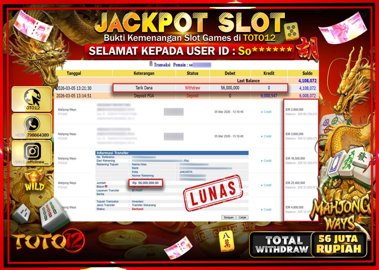 HANYA DI TOTO12 JP PASTI DI BAYAR LUNAS DAN CEPAT!!!!!! JACKPOT SLOT GAME (MAHJONG WAYS) Rp.56.000.000!!!!