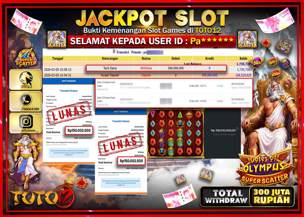 HANYA DI TOTO12 JP PASTI DI BAYAR LUNAS DAN CEPAT!!!!!! JACKPOT SLOT GAME (GATES OF OLYMPUS SUPER SCATTER) Rp.300.000.000!!!!