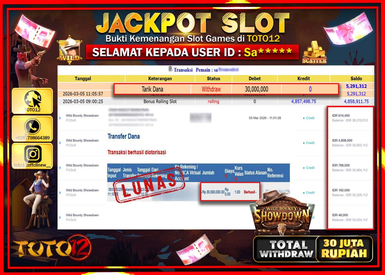 HANYA DI TOTO12 JP PASTI DI BAYAR LUNAS DAN CEPAT!!!!!! JACKPOT SLOT GAME (WILD BOUNTY SHOWDOWN) Rp.30.000.000!!!!