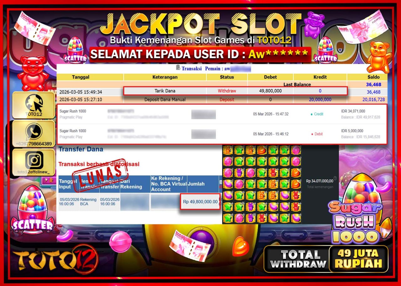 HANYA DI TOTO12 JP PASTI DI BAYAR LUNAS DAN CEPAT!!!!!! JACKPOT SLOT GAME (SUGAR RUSH 1000) Rp.49.800.000!!!!