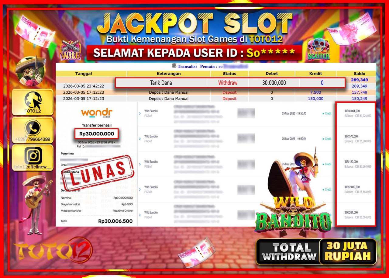 HANYA DI TOTO12 JP PASTI DI BAYAR LUNAS DAN CEPAT!!!!!! JACKPOT SLOT GAME (WILD BANDITO) Rp.30.000.000!!!!