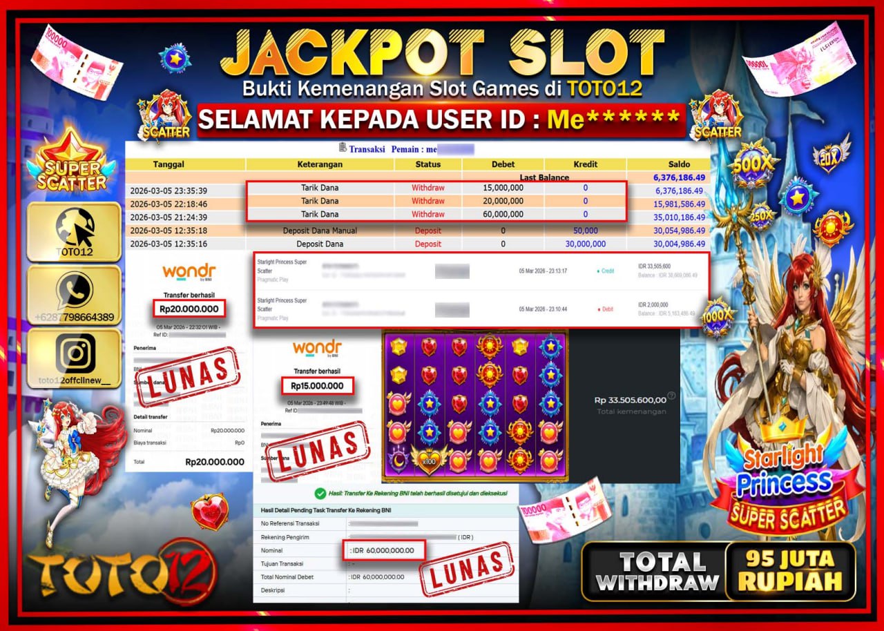 HANYA DI TOTO12 JP PASTI DI BAYAR LUNAS DAN CEPAT!!!!!! JACKPOT SLOT GAME (STARLIGHT PRINCES SUPER SCATTER) Rp.95.000.000!!!!