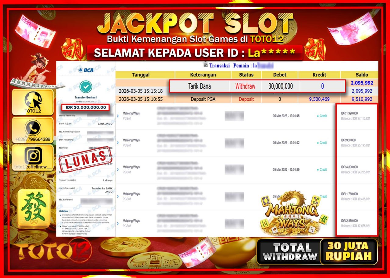 HANYA DI TOTO12 JP PASTI DI BAYAR LUNAS DAN CEPAT!!!!!! JACKPOT SLOT GAME (MAHJONG WAYS) Rp.30.000.000!!!!