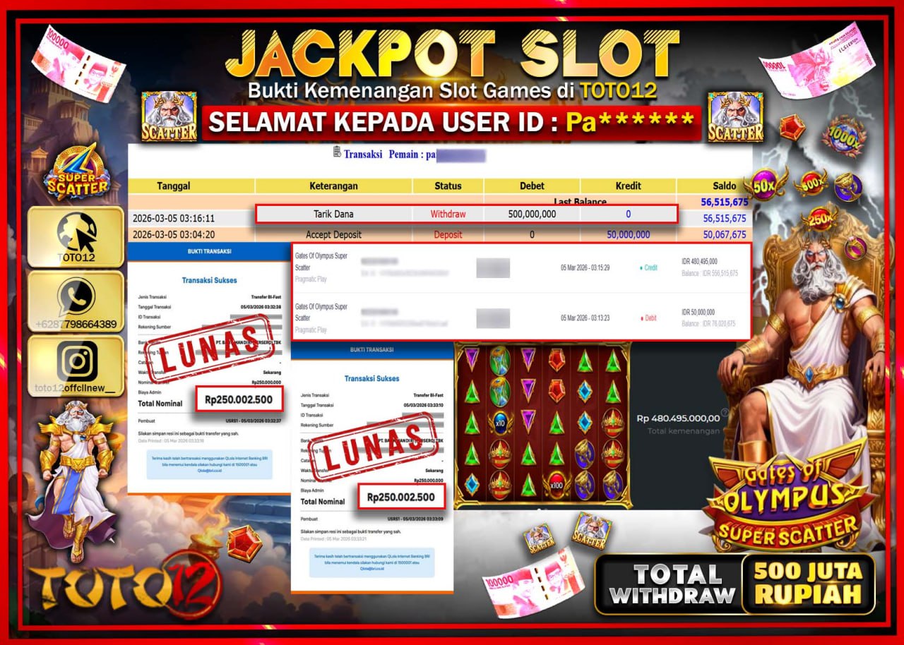 HANYA DI TOTO12 JP PASTI DI BAYAR LUNAS DAN CEPAT!!!!!! JACKPOT SLOT GAME (GATES OF OLYMPUS SUPER SCATTER) Rp.500.000.000!!!!