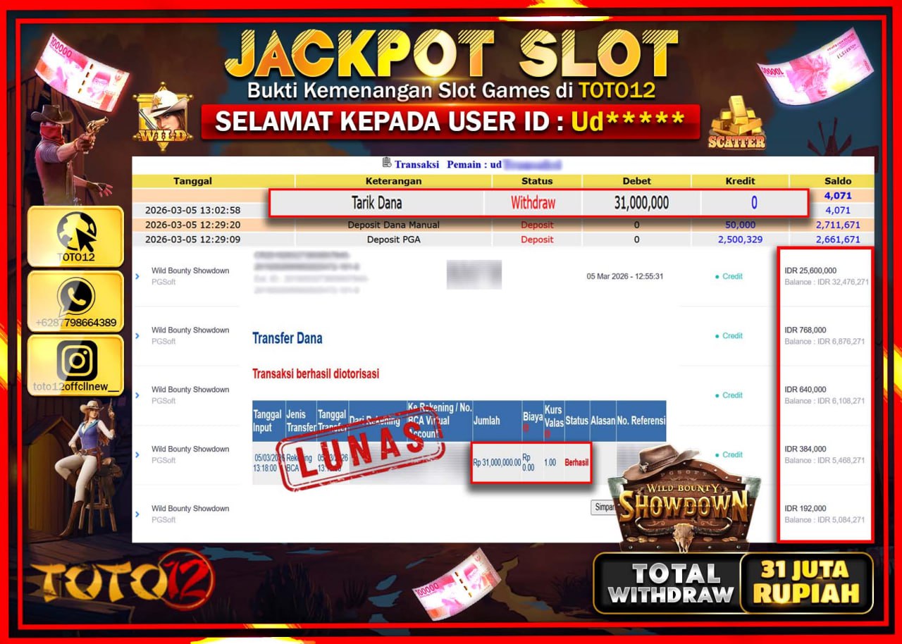 HANYA DI TOTO12 JP PASTI DI BAYAR LUNAS DAN CEPAT!!!!!! JACKPOT SLOT GAME (WILD BOUNTY SHOWDOWN) Rp.31.000.000!!!!