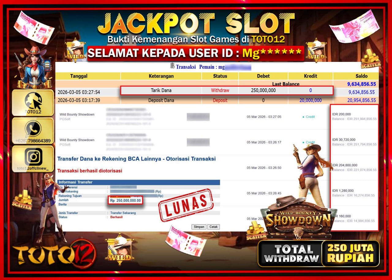 HANYA DI TOTO12 JP PASTI DI BAYAR LUNAS DAN CEPAT!!!!!! JACKPOT SLOT GAME (WILD BOUNTY SHOWDOWN) Rp.250.000.000!!!!