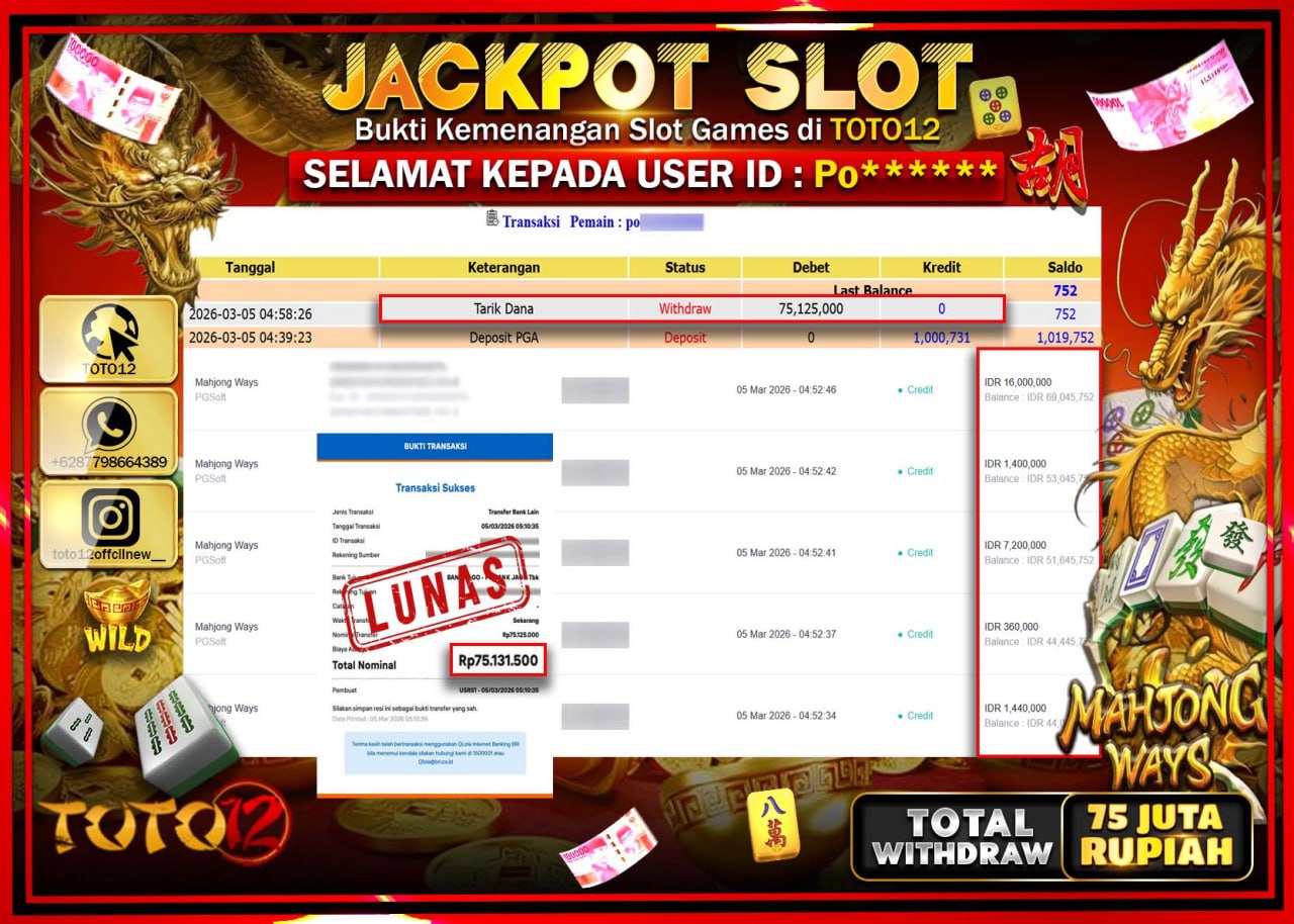 HANYA DI TOTO12 JP PASTI DI BAYAR LUNAS DAN CEPAT!!!!!! JACKPOT SLOT GAME (MAHJONG WAYS) Rp.75.125.000!!!!