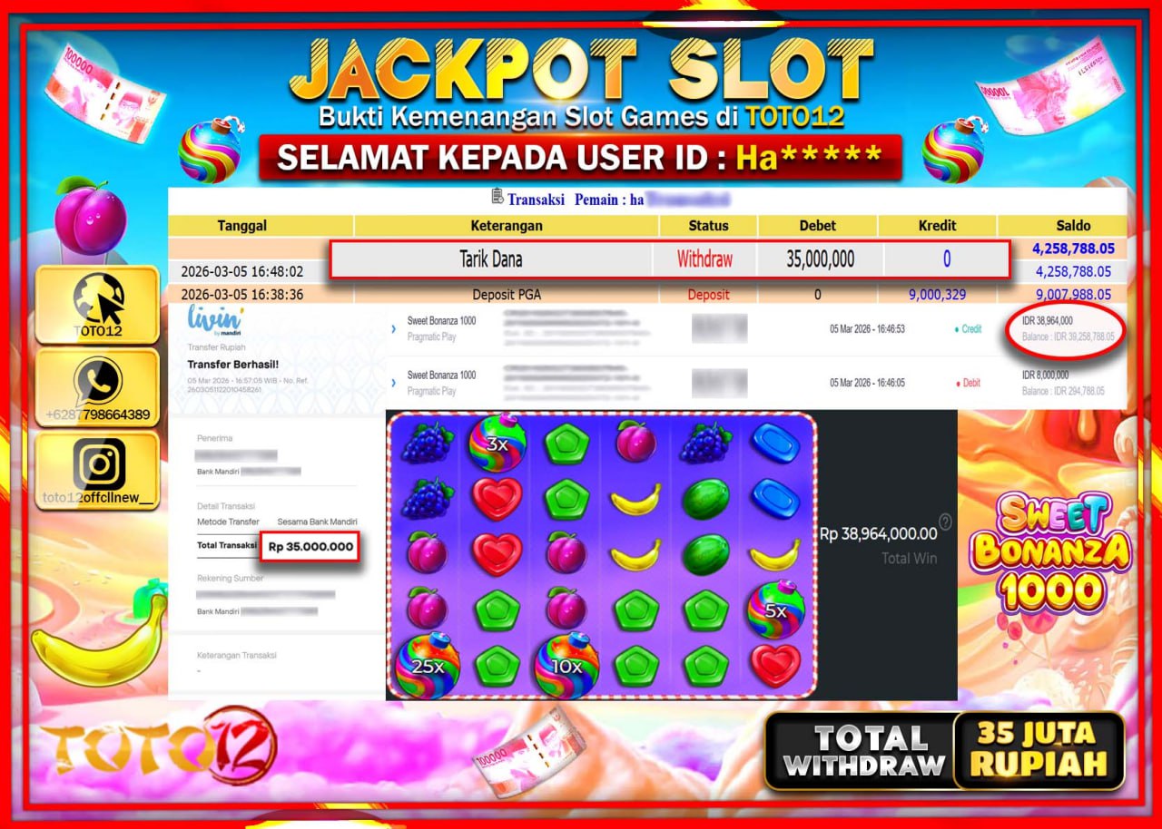 HANYA DI TOTO12 JP PASTI DI BAYAR LUNAS DAN CEPAT!!!!!! JACKPOT SLOT GAME (SWEET BONANZA 1000) Rp.35.000.000!!!!