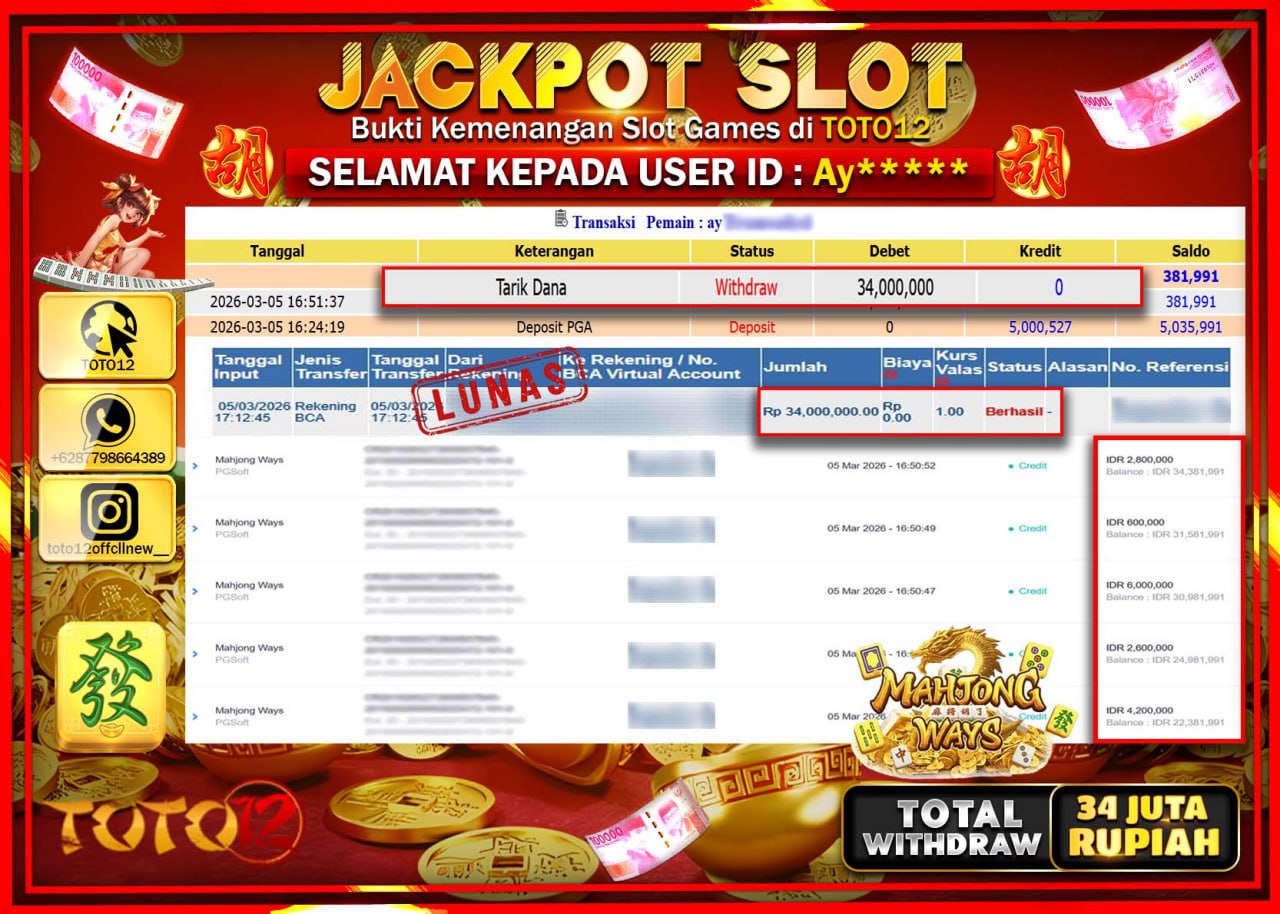 HANYA DI TOTO12 JP PASTI DI BAYAR LUNAS DAN CEPAT!!!!!! JACKPOT SLOT GAME (MAHJONG WAYS) Rp.34.000.000!!!!