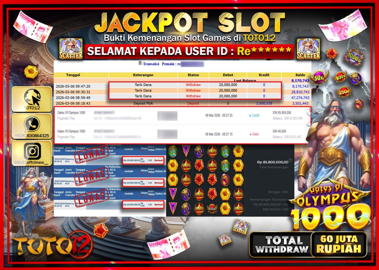 HANYA DI TOTO12 JP PASTI DI BAYAR LUNAS DAN CEPAT!!!!!! JACKPOT SLOT GAME (GATES OF OLYMPUS 1000) Rp.60.000.000!!!!