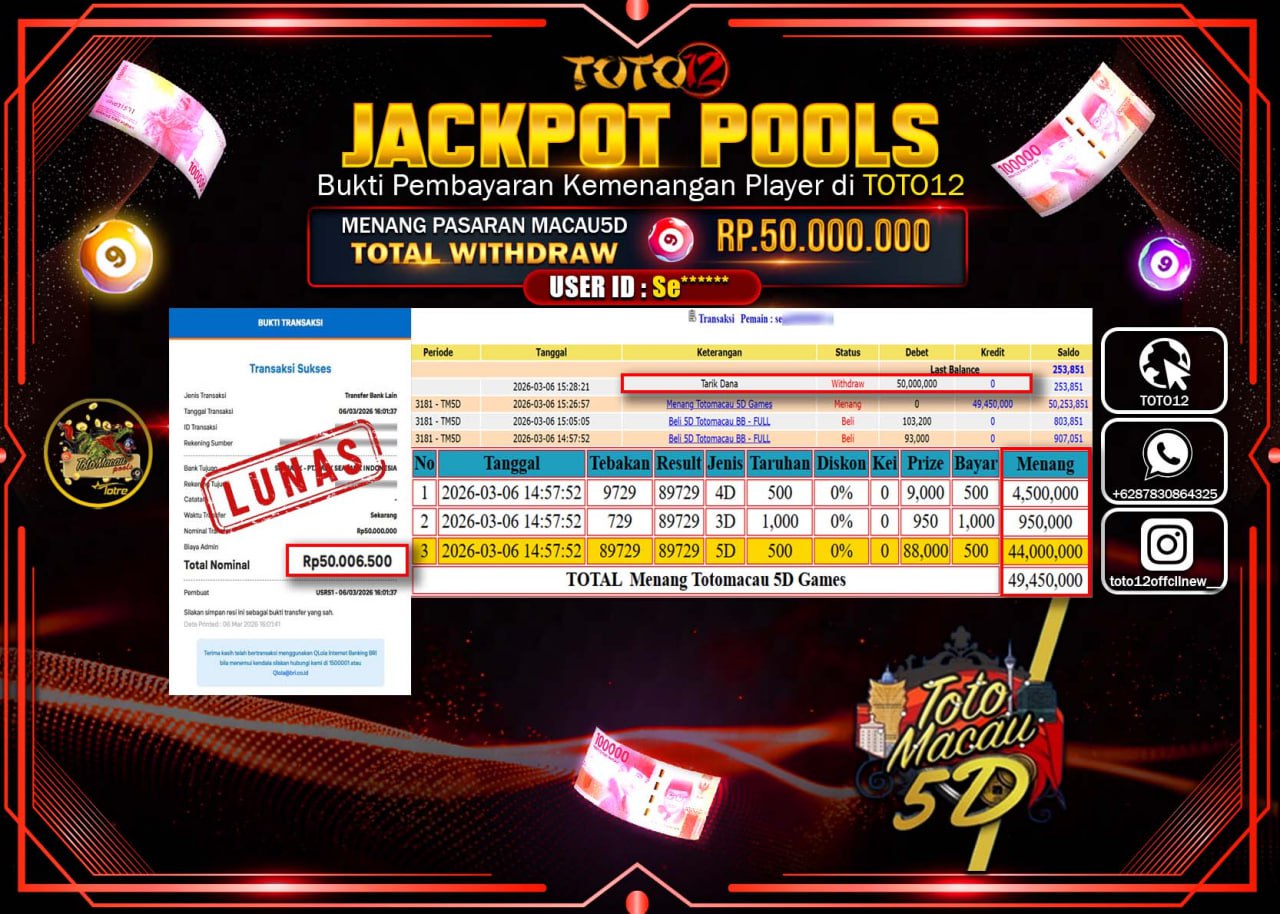 HANYA DI TOTO12 JP PASTI DI BAYAR LUNAS DAN CEPAT!!!!!! JACKPOT POOLS PASARAN (TOTOMACAU 5D) Rp.50.000.000!!!!