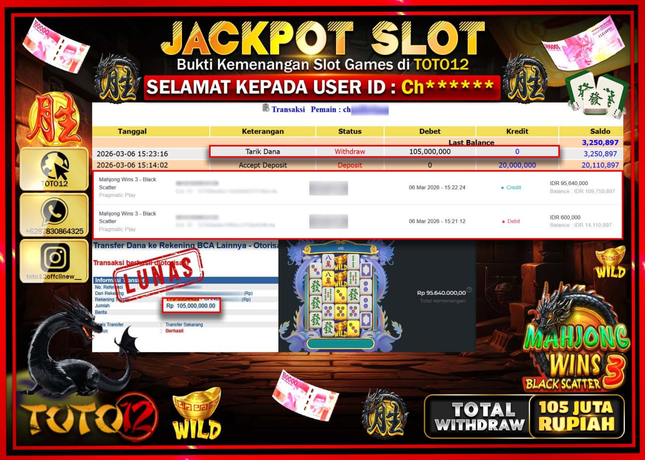 HANYA DI TOTO12 JP PASTI DI BAYAR LUNAS DAN CEPAT!!!!!! JACKPOT SLOT GAME (MAHJONG WINS 3 BLACK SCATTER) Rp.105.000.000!!!!
