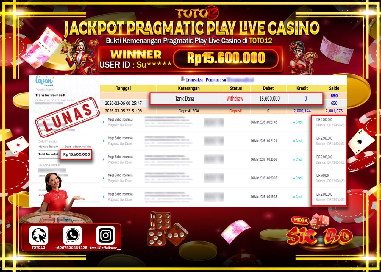 HANYA DI TOTO12 JP PASTI DI BAYAR LUNAS DAN CEPAT!!!!!! JACKPOT PRAGMATIC PLAY LIVE GAME CASINO (MEGA SICBO INDONESIA) Rp.15.600.000!!!!