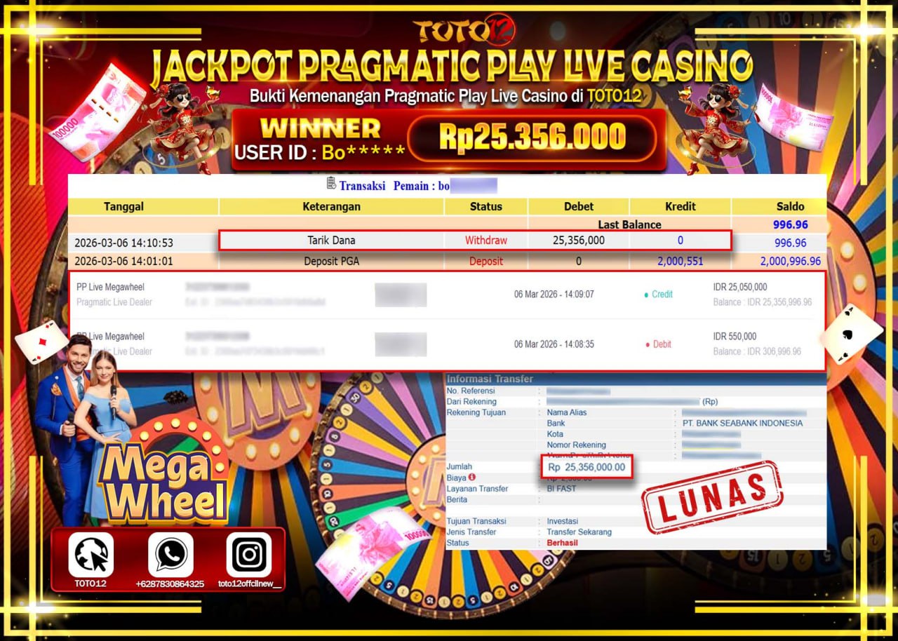 HANYA DI TOTO12 JP PASTI DI BAYAR LUNAS DAN CEPAT!!!!!! JACKPOT PRAGMATIC PLAY LIVE GAME CASINO (PP LIVE MEGAWHEEL) Rp.25.356.000!!!!