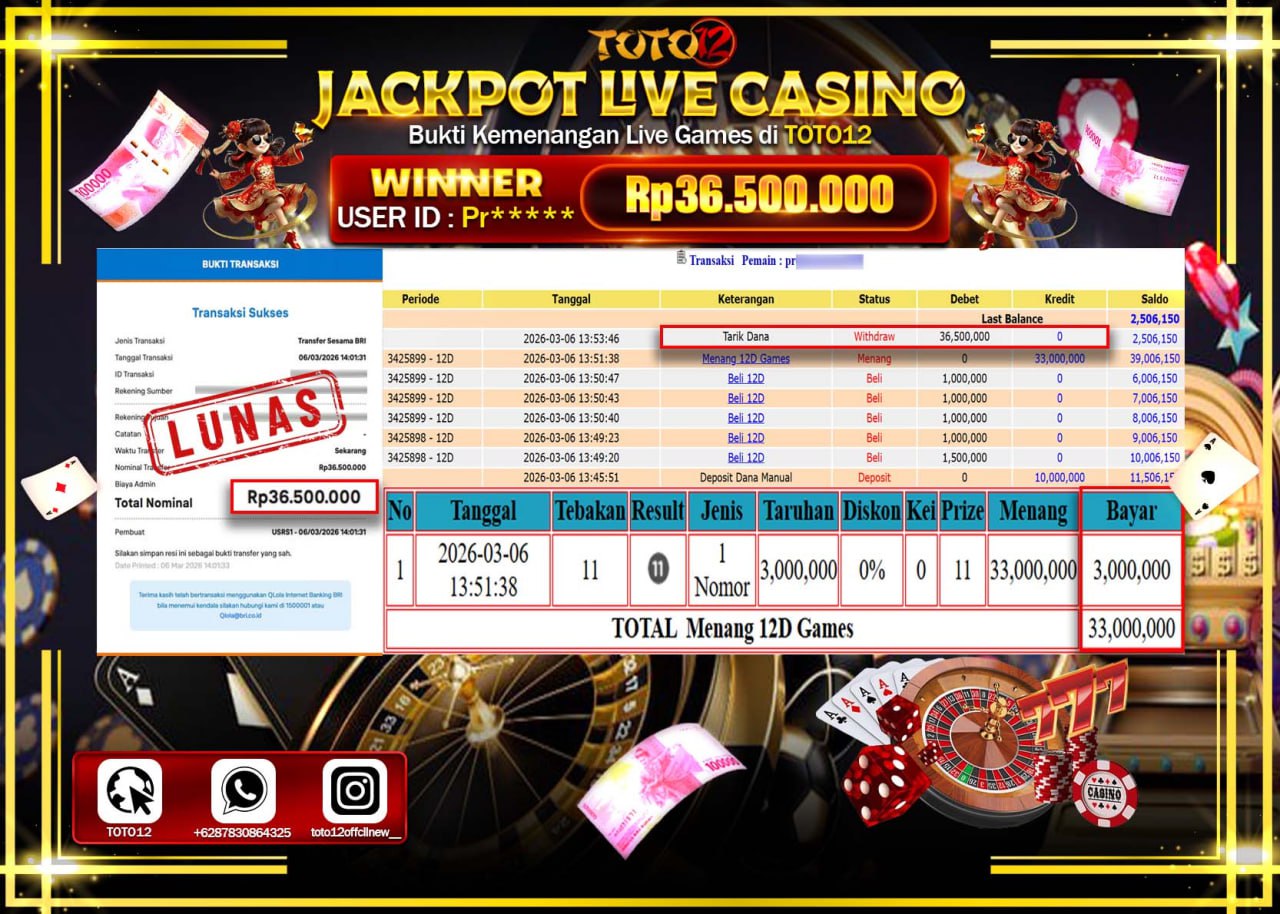 HANYA DI TOTO12 JP PASTI DI BAYAR LUNAS DAN CEPAT!!!!!! JACKPOT LIVE GAMES CASINO (12D) Rp.36.500.000!!!!