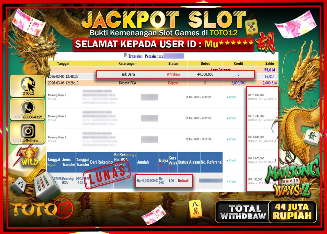 HANYA DI TOTO12 JP PASTI DI BAYAR LUNAS DAN CEPAT!!!!!! JACKPOT SLOT GAME (MAHJONG WAYS 2) Rp.44.000.000!!!!