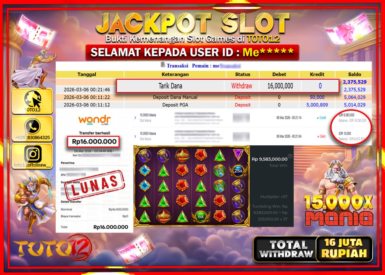 HANYA DI TOTO12 JP PASTI DI BAYAR LUNAS DAN CEPAT!!!!!! JACKPOT SLOT GAME (15.000X MANIA) Rp.16.000.000!!!!