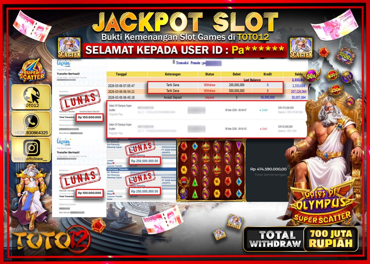 HANYA DI TOTO12 JP PASTI DI BAYAR LUNAS DAN CEPAT!!!!!! JACKPOT SLOT GAME (GATES OF OLYMPUS SUPER SCATTER) Rp.700.000.000!!!!