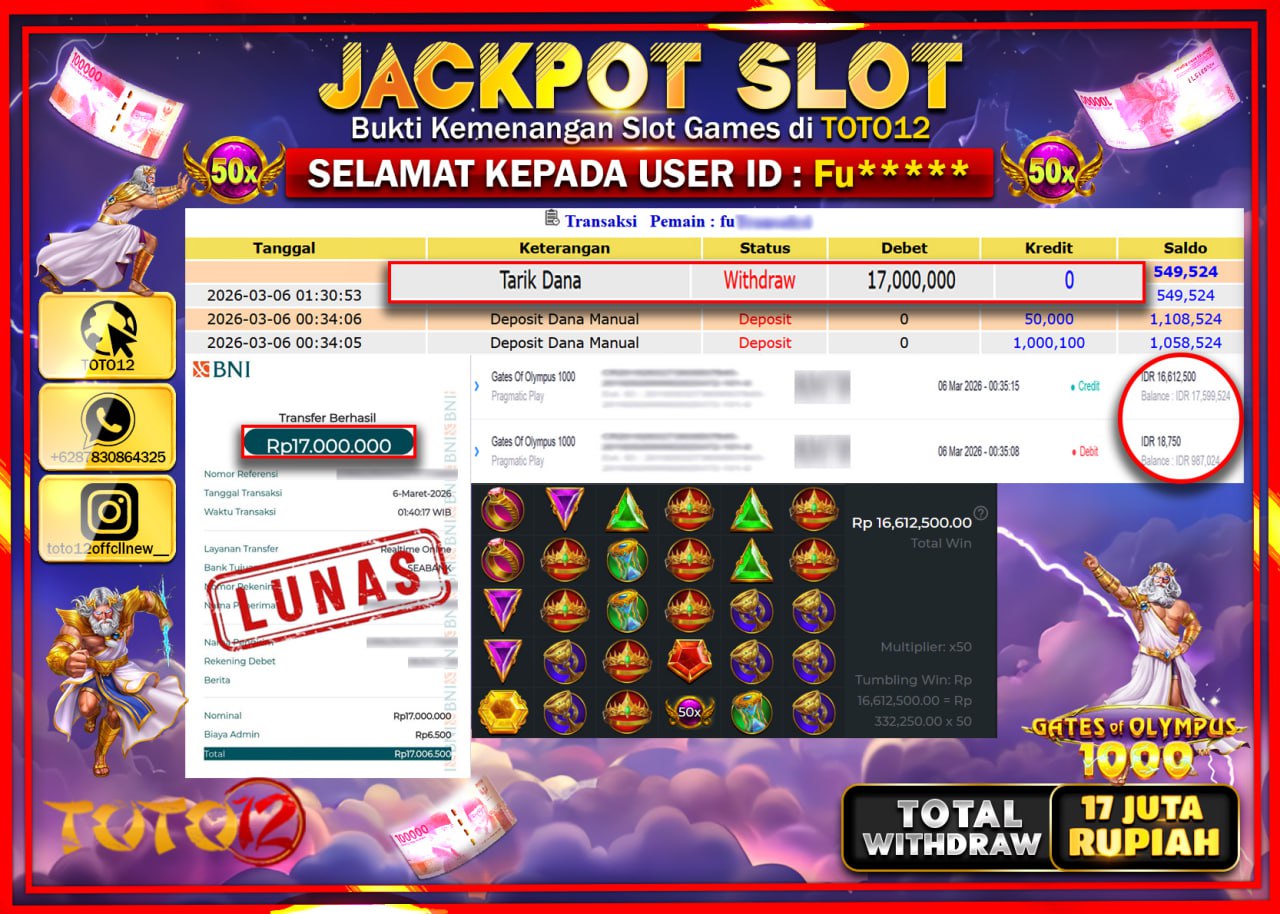 HANYA DI TOTO12 JP PASTI DI BAYAR LUNAS DAN CEPAT!!!!!! JACKPOT SLOT GAME (GATES OF OLYMPUS 1000) Rp.17.000.000!!!!
