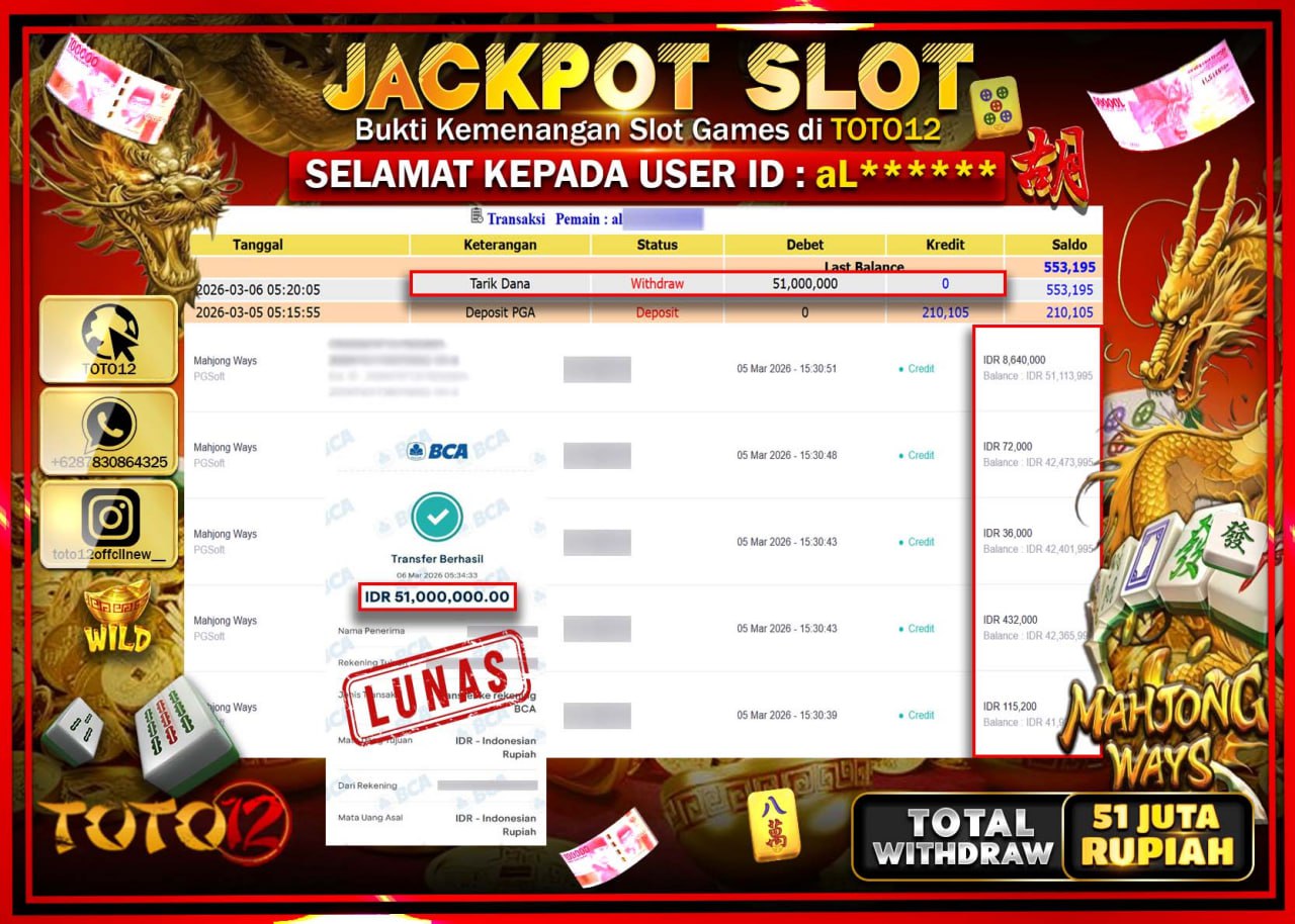 HANYA DI TOTO12 JP PASTI DI BAYAR LUNAS DAN CEPAT!!!!!! JACKPOT SLOT GAME (MAHJONG WAYS) Rp.51.000.000!!!!