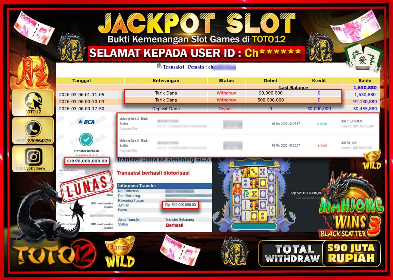 HANYA DI TOTO12 JP PASTI DI BAYAR LUNAS DAN CEPAT!!!!!! JACKPOT SLOT GAME (MAHJONG WINS 3 BLACK SCATTER) Rp.590.000.000!!!!