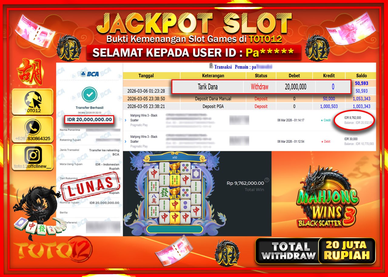 HANYA DI TOTO12 JP PASTI DI BAYAR LUNAS DAN CEPAT!!!!!! JACKPOT SLOT GAME (MAHJONG WINS 3 BLACK SCATTER 3) Rp.20.000.000!!!!