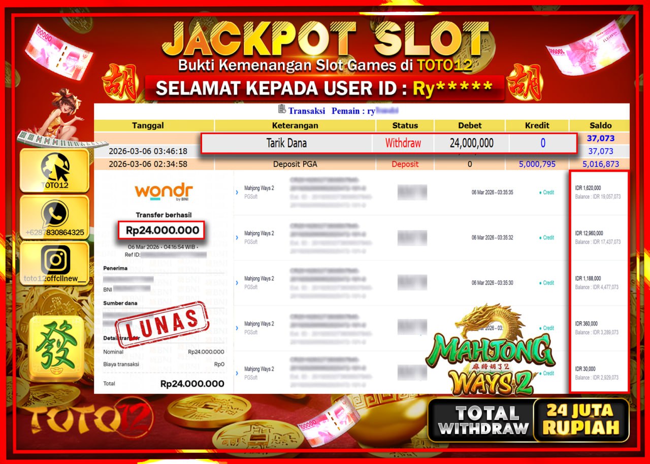 HANYA DI TOTO12 JP PASTI DI BAYAR LUNAS DAN CEPAT!!!!!! JACKPOT SLOT GAME (MAHJONG WAYS 2) Rp.24.000.000!!!!